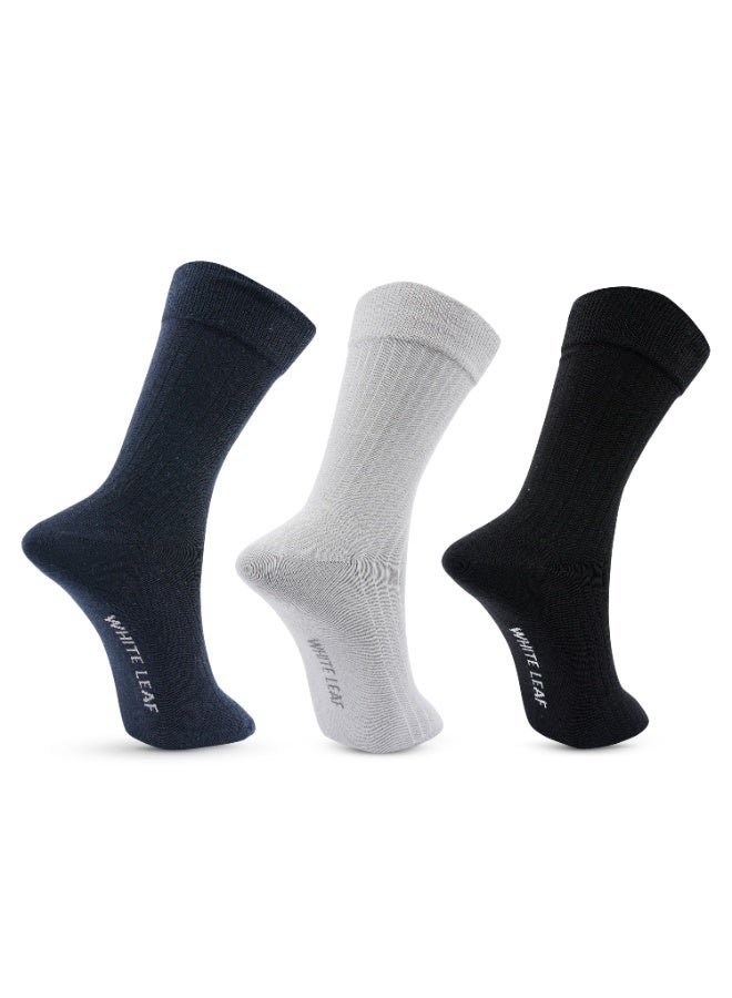 White Leaf 3 Pairs Men’s Corporate Crew Socks – Breathable, Moisture-Wicking, Stay-Put Grip – Premium Cotton (Light Grey, Black, Blue) - Image 1